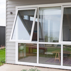 white picture window with aluminum awning window